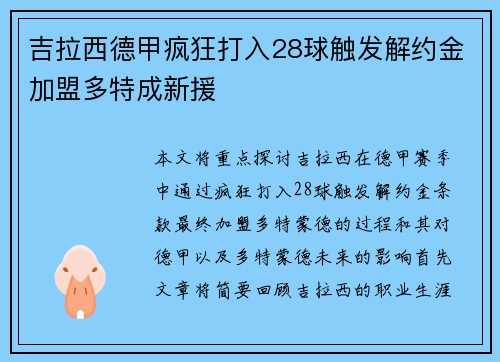 吉拉西德甲疯狂打入28球触发解约金加盟多特成新援